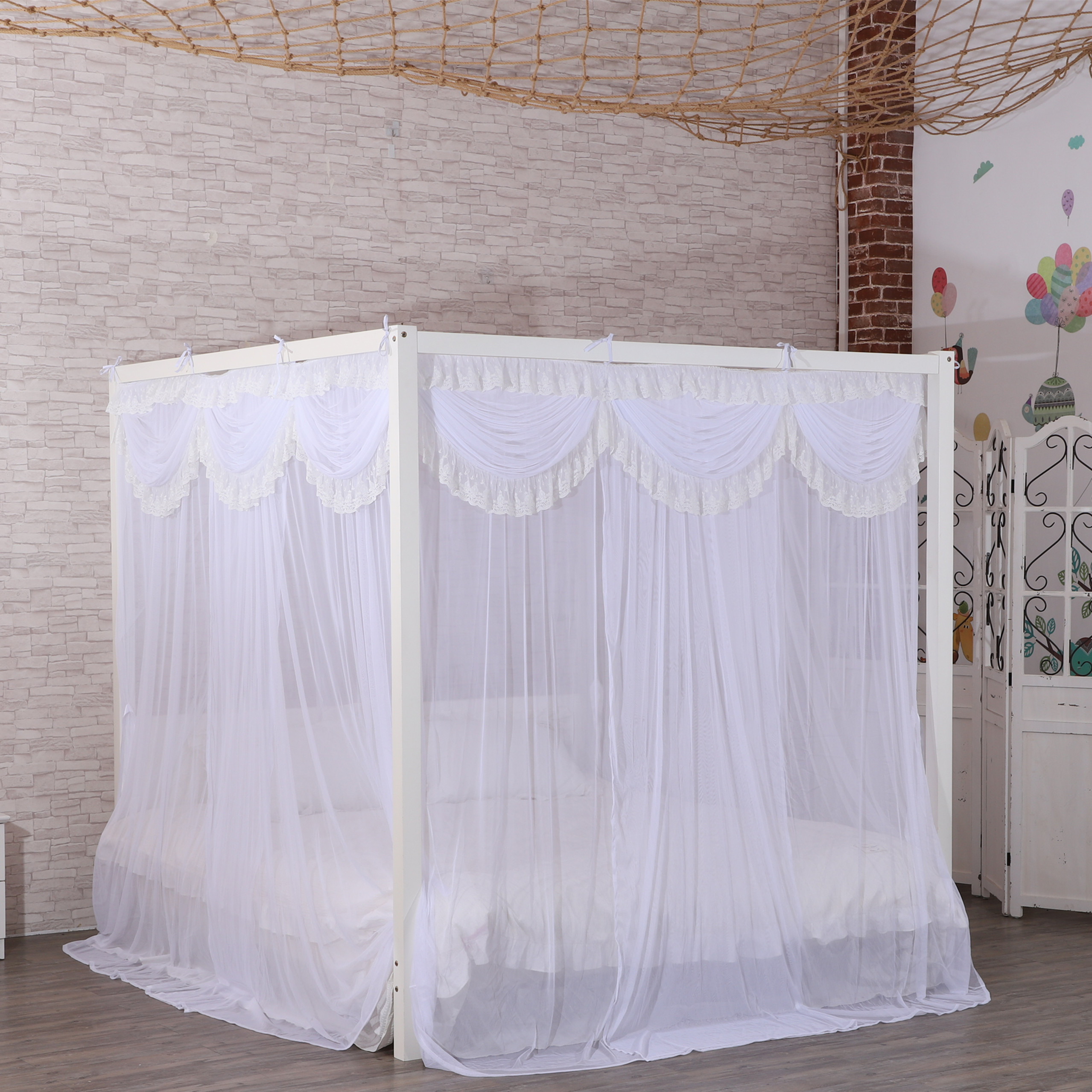 Mosquitera cuadrada blanca de encaje lujoso y elegante de cuatro esquinas 2020