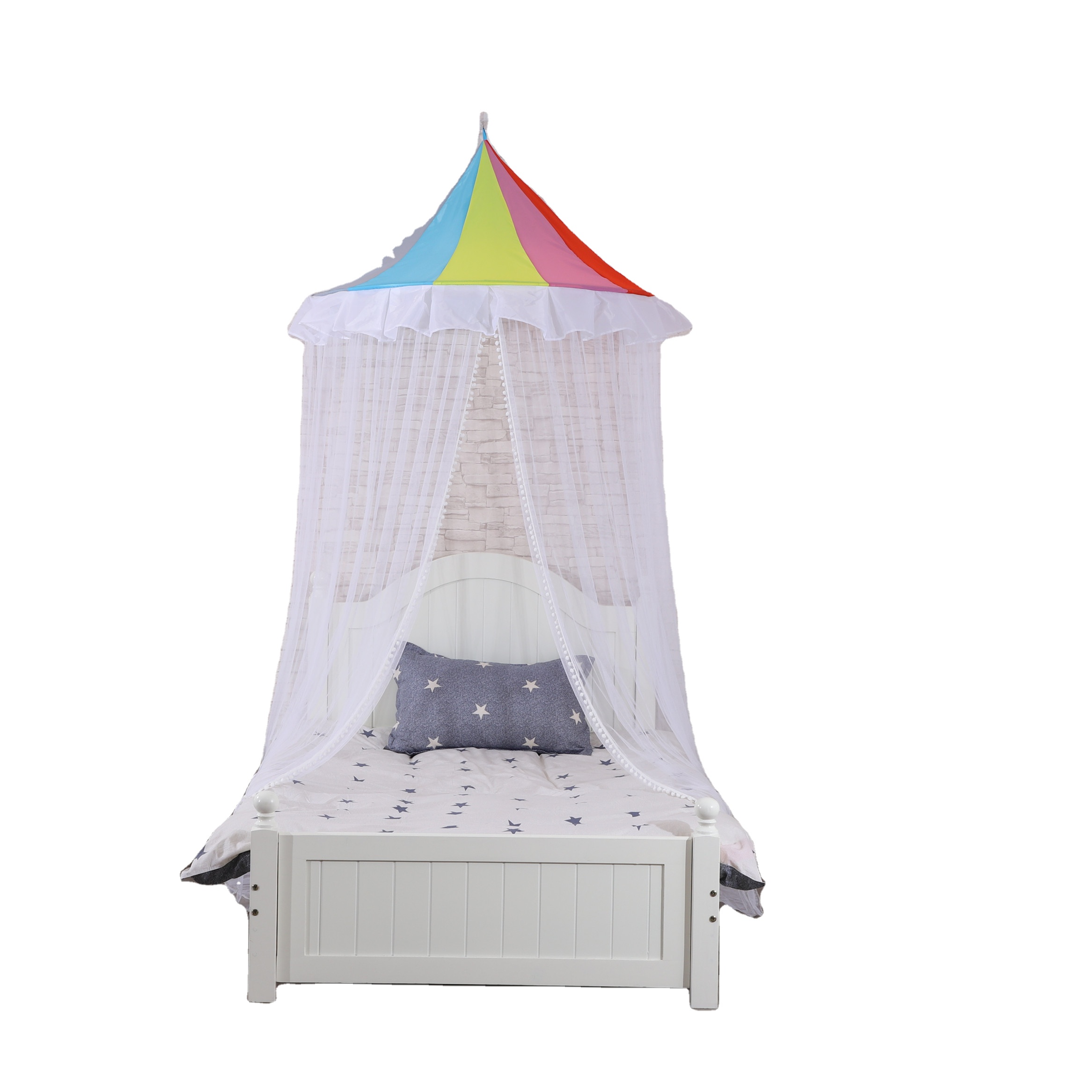 2020 nuevo diseño Spire Rainbow Top algodón bola decoración cama dosel para niños