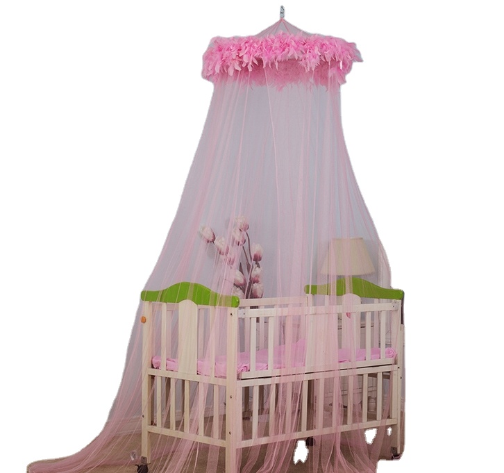 Mosquiteras seguras para bebés para niñas, cortinas rosadas con dosel para cama con plumas